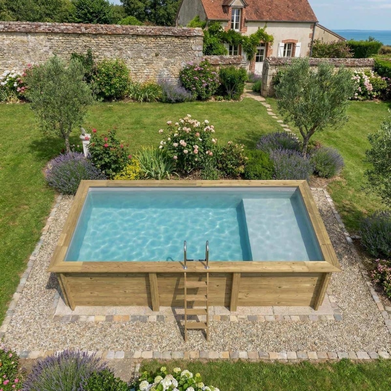 Piscina in legno AQUA 6.1 x 2.85 – H.1.31 m con spiaggia, grigio, Su telaio - senza cementazione