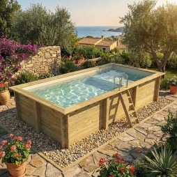 Piscina in legno AQUA 6.1 x 2.85 – H.1.31 m con spiaggia, sabbia, Su telaio - senza cementazione