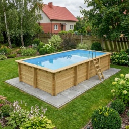 Piscina in legno AQUA 7 x 3.75 – H.1.45 m con spiaggia, azzurro chiaro, con supporti da cementare