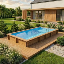Piscina in legno AQUA 7 x 3.75 – H.1.45 m con spiaggia, azzurro chiaro, con supporti da cementare