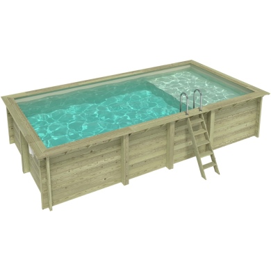 Piscina in legno AQUA 7 x 3.75 – H.1.45 m con spiaggia, sabbia, con supporti da cementare