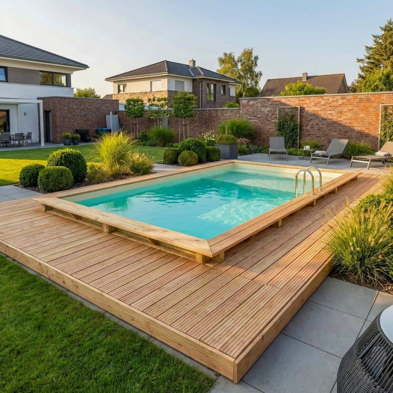 Piscina in legno AQUA 7 x 3.75 – H.1.45 m con spiaggia, sabbia, con supporti da cementare
