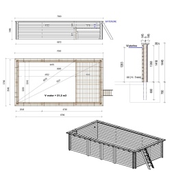 Piscina in legno AQUA 7 x 3.75 – H.1.45 m con spiaggia, azzurro chiaro, con supporti fissati al calcestruzzo
