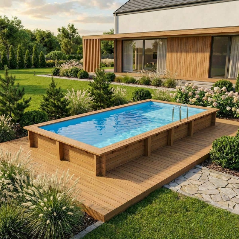 Piscina in legno AQUA 7 x 3.75 – H.1.45 m con spiaggia, azzurro chiaro, con supporti fissati al calcestruzzo