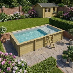 Piscina in legno AQUA 7 x 3.75 – H.1.45 m con spiaggia, grigio, con supporti fissati al calcestruzzo