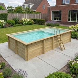 Piscina in legno AQUA 7 x 3.75 – H.1.45 m con spiaggia, sabbia, con supporti fissati al calcestruzzo