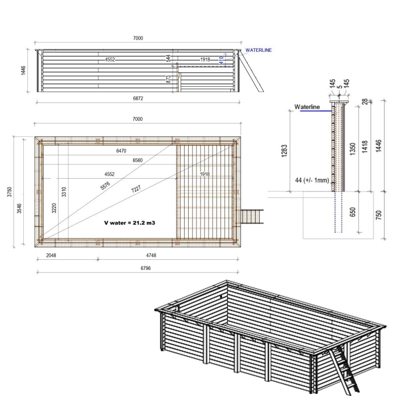 Piscina in legno AQUA 7 x 3.75 – H.1.45 m con spiaggia, sabbia, con supporti fissati al calcestruzzo
