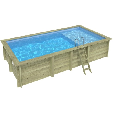 Piscina in legno AQUA 7 x 3.75 – H.1.45 m con spiaggia, azzurro chiaro, Su telaio - senza cementazione