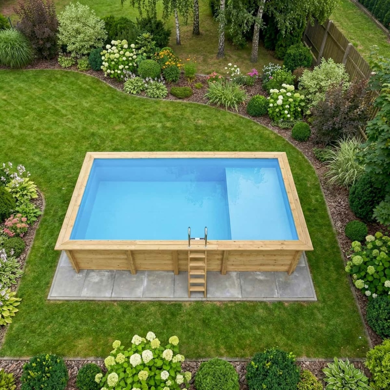 Piscina in legno AQUA 7 x 3.75 – H.1.45 m con spiaggia, azzurro chiaro, Su telaio - senza cementazione