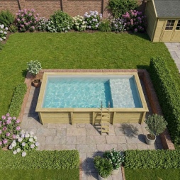 Piscina in legno AQUA 7 x 3.75 – H.1.45 m con spiaggia, grigio, Su telaio - senza cementazione