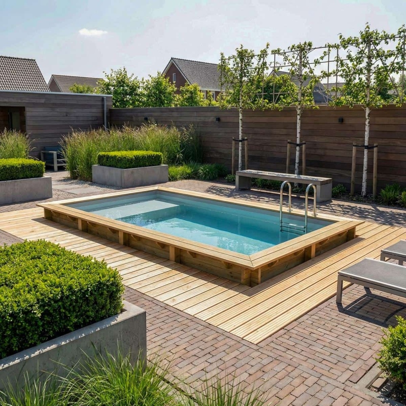Piscina in legno AQUA 7 x 3.75 – H.1.45 m con spiaggia, grigio, Su telaio - senza cementazione