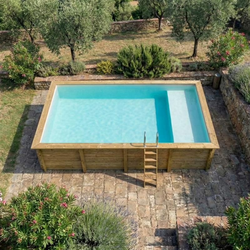 Piscina in legno AQUA 8.5 x 4.35 – H.1.45 m con spiaggia, sabbia, con supporti da cementare