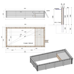 Piscina in legno AQUA 8.5 x 4.35 – H.1.45 m con spiaggia, sabbia, con supporti da cementare