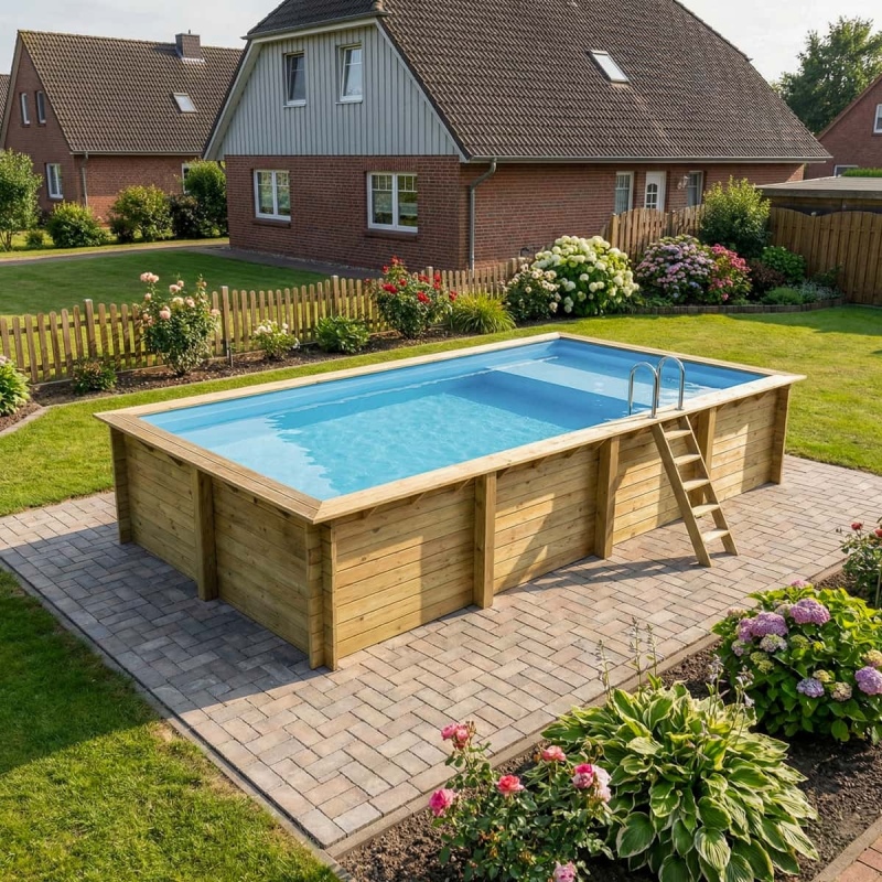 Piscina in legno AQUA 8.5 x 4.35 – H.1.45 m con spiaggia, azzurro chiaro, con supporti fissati al calcestruzzo