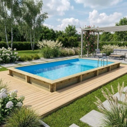 Piscina in legno AQUA 8.5 x 4.35 – H.1.45 m con spiaggia, azzurro chiaro, con supporti fissati al calcestruzzo