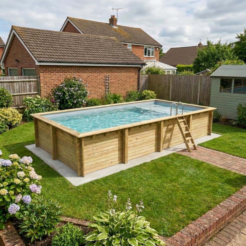 Piscina in legno AQUA 8.5 x 4.35 – H.1.45 m con spiaggia, grigio, con supporti fissati al calcestruzzo
