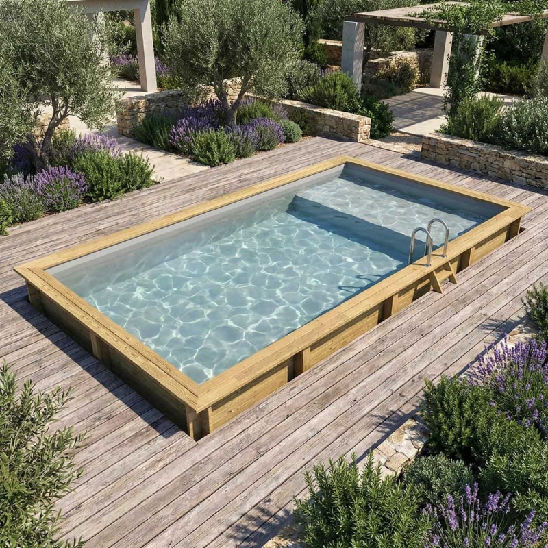 Piscina in legno AQUA 8.5 x 4.35 – H.1.45 m con spiaggia, grigio, con supporti fissati al calcestruzzo