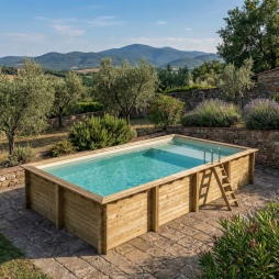 Piscina in legno AQUA 8.5 x 4.35 – H.1.45 m con spiaggia, sabbia, con supporti fissati al calcestruzzo