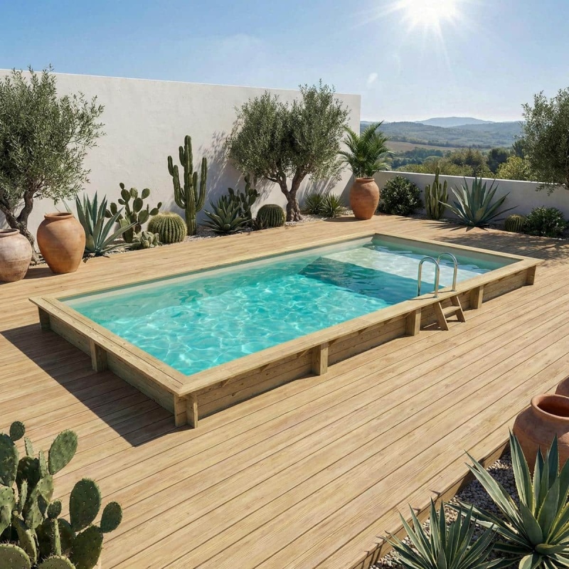 Piscina in legno AQUA 8.5 x 4.35 – H.1.45 m con spiaggia, sabbia, con supporti fissati al calcestruzzo