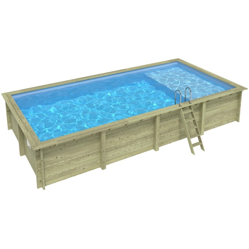 Piscina in legno AQUA 8.5 x 4.35 – H.1.45 m con spiaggia, azzurro chiaro, Su telaio - senza cementazione