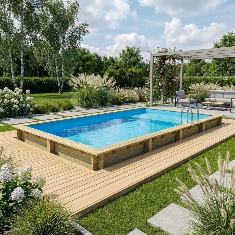 Piscina in legno AQUA 8.5 x 4.35 – H.1.45 m con spiaggia, azzurro chiaro, Su telaio - senza cementazione
