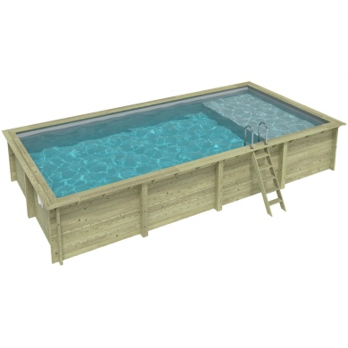Piscina in legno AQUA 8.5 x 4.35 – H.1.45 m con spiaggia, grigio, Su telaio - senza cementazione