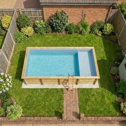 Piscina in legno AQUA 8.5 x 4.35 – H.1.45 m con spiaggia, grigio, Su telaio - senza cementazione