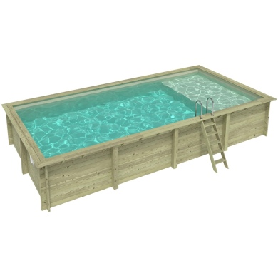 Piscina in legno AQUA 8.5 x 4.35 – H.1.45 m con spiaggia, sabbia, Su telaio - senza cementazione