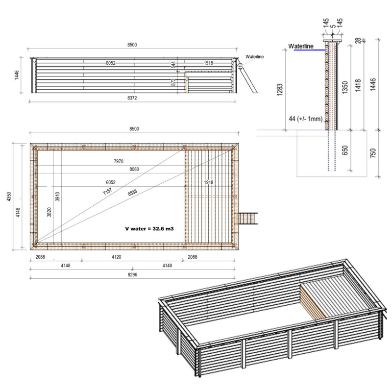 Piscina in legno AQUA 8.5 x 4.35 – H.1.45 m con spiaggia, sabbia, Su telaio - senza cementazione