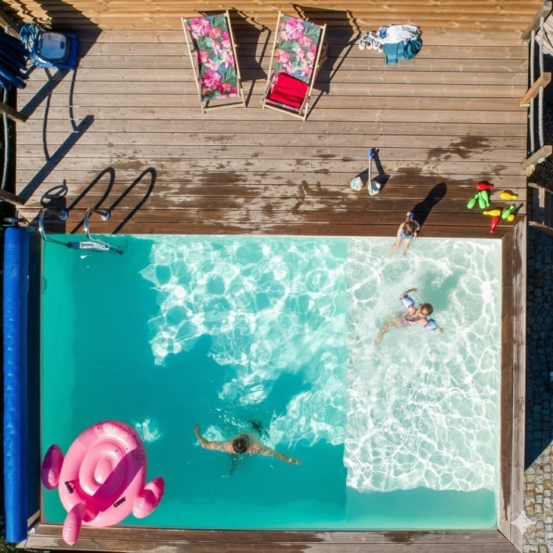 Piscina in legno AQUA 8.5 x 4.35 – H.1.45 m con spiaggia, sabbia, Su telaio - senza cementazione