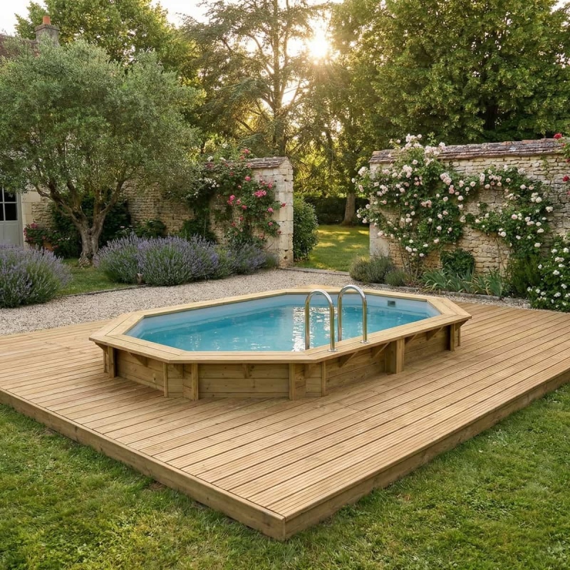 Piscina in legno NEMO 4.3 x 3 - H.1.18 m, grigio, con supporti da cementare