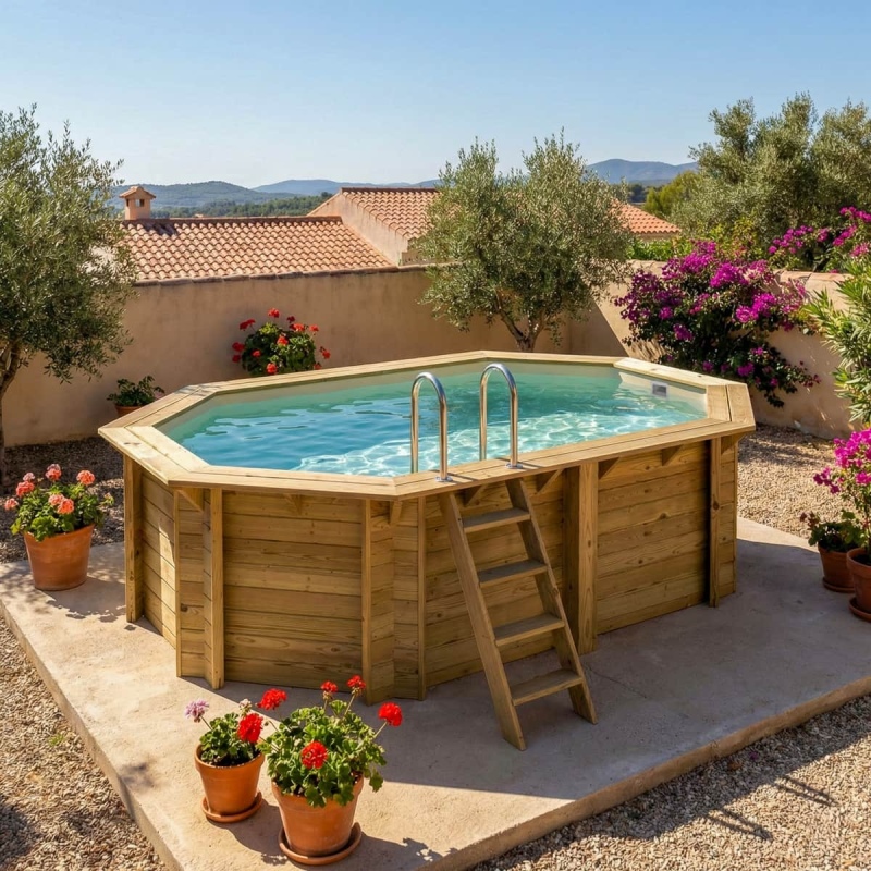Piscina in legno NEMO 4.3 x 3 - H.1.18 m, sabbia, con supporti fissati al calcestruzzo
