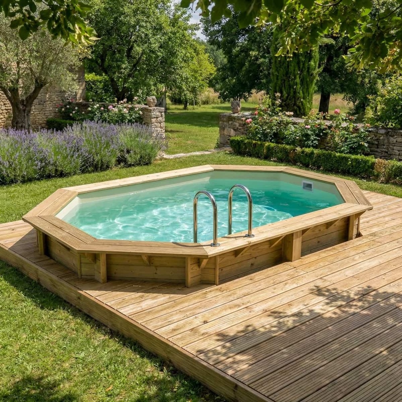 Piscina in legno NEMO 4.3 x 3 - H.1.18 m, sabbia, con supporti fissati al calcestruzzo