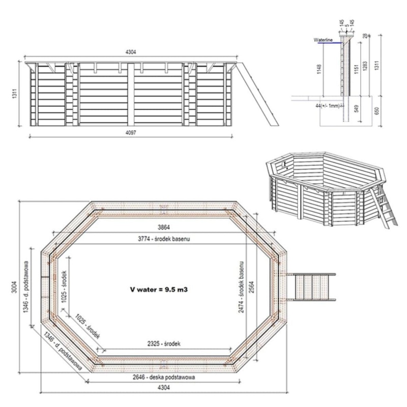 Piscina in legno NEMO 4.3 x 3 - H.1.31 m, grigio, con supporti da cementare