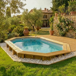Piscina in legno NEMO 4.3 x 3 - H.1.31 m, grigio, con supporti fissati al calcestruzzo