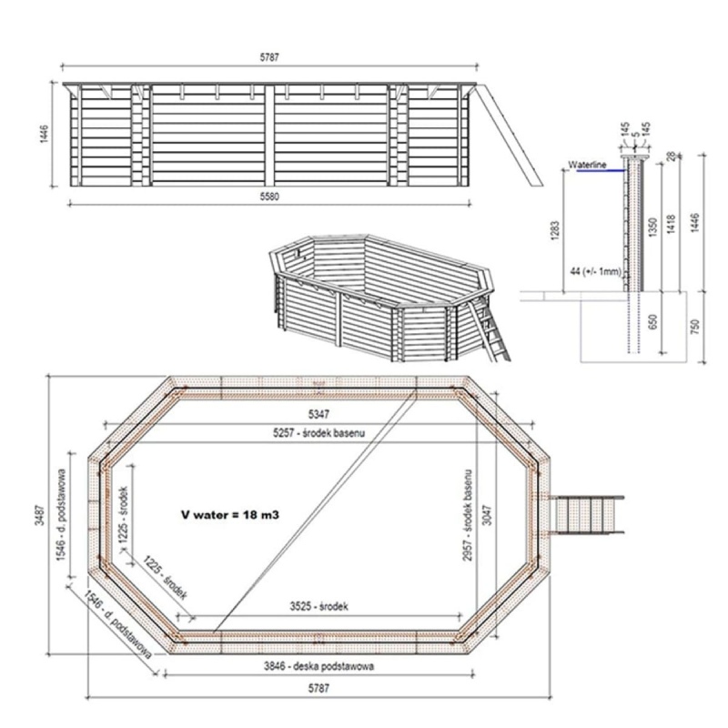 Piscina in legno NEMO 5.79 x 3.49 - H.1.45 m, grigio, con supporti da cementare