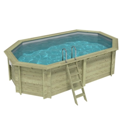 Piscina in legno NEMO 5.79 x 3.49 - H.1.45 m, grigio, con supporti fissati al calcestruzzo