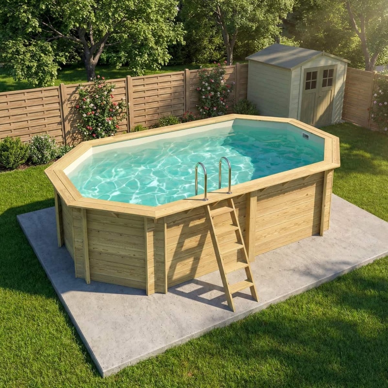 Piscina in legno NEMO 5.79 x 3.49 - H.1.45 m, sabbia, con supporti fissati al calcestruzzo