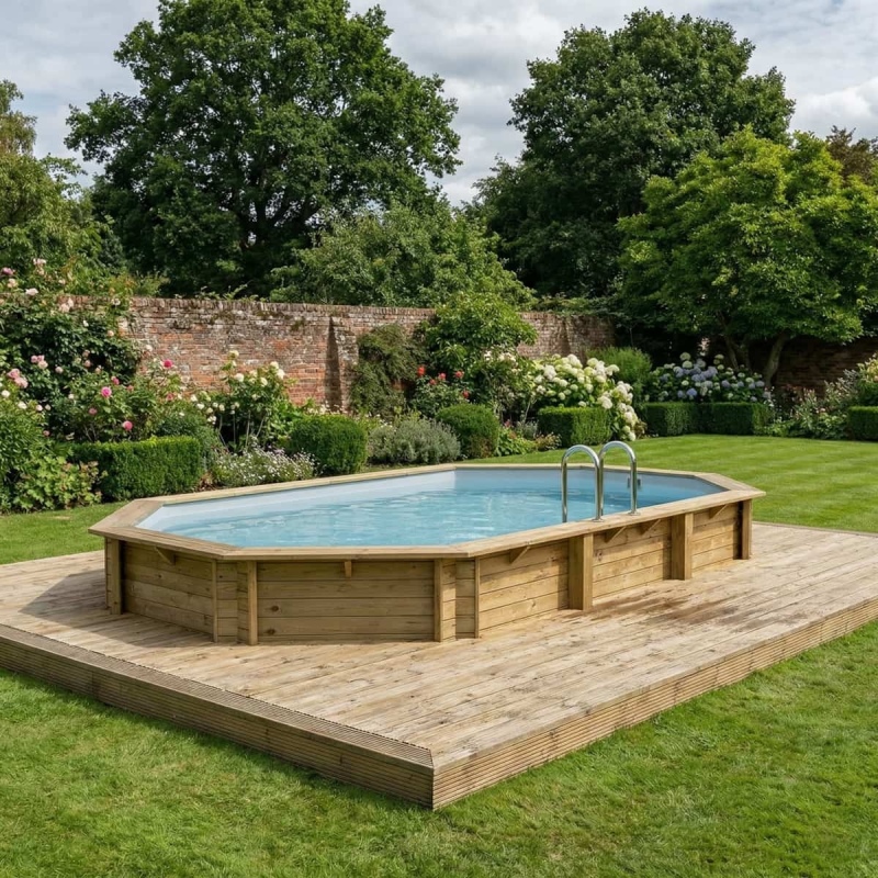 Piscina in legno NEMO 7.3 x 3.97 - H.1.45 m, grigio, con supporti fissati al calcestruzzo