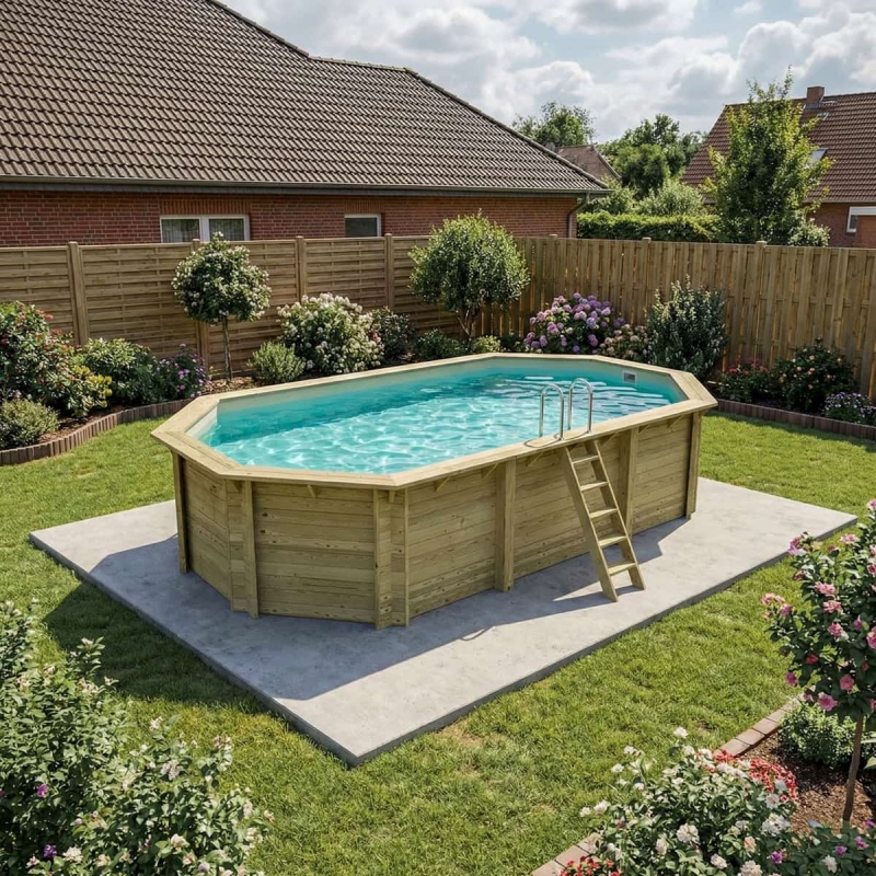 Piscina in legno NEMO 7.3 x 3.97 - H.1.45 m, sabbia, con supporti fissati al calcestruzzo