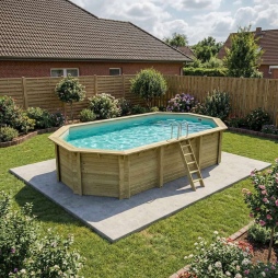 Piscina in legno NEMO 7.3 x 3.97 - H.1.45 m, sabbia, con supporti fissati al calcestruzzo
