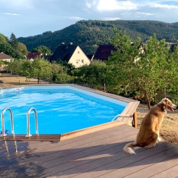 Piscina in legno NEMO 7.3 x 3.97 - H.1.45 m, sabbia, con supporti fissati al calcestruzzo