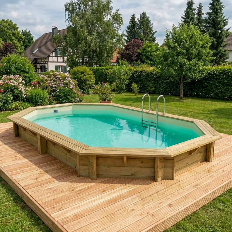 Piscina in legno NEMO 7.3 x 3.97 - H.1.45 m, sabbia, Su telaio - senza cementazione