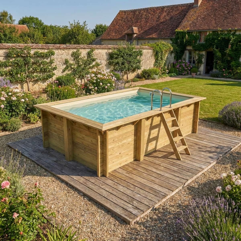 Piscina in legno AQUA 4.65 x 2.85 - H.1.24 m, sabbia, con supporti fissati al calcestruzzo