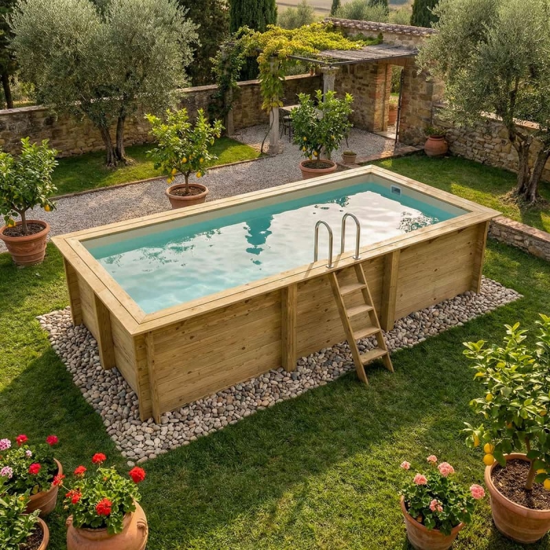Piscina in legno AQUA 6.1 x 2.85 - H.1.31 m, sabbia, con supporti fissati al calcestruzzo