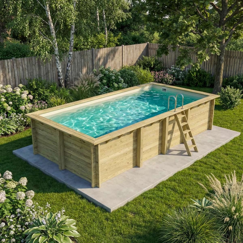 Piscina in legno AQUA 7 x 3.75 - H.1.45 m, sabbia, con supporti fissati al calcestruzzo