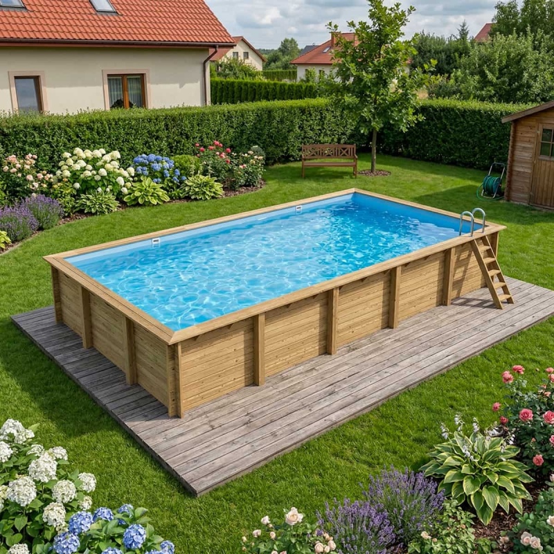 Piscina in legno AQUA 10.2 x 5.2 - H.1.45 m, azzurro chiaro, con supporti da cementare