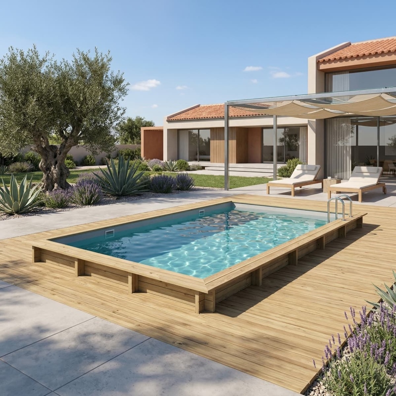 Piscina in legno AQUA 10.2 x 5.2 - H.1.45 m, grigio, con supporti da cementare