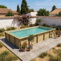Piscina in legno AQUA 10.2 x 5.2 - H.1.45 m, sabbia, con supporti da cementare