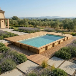 Piscina in legno AQUA 10.2 x 5.2 - H.1.45 m, sabbia, con supporti da cementare